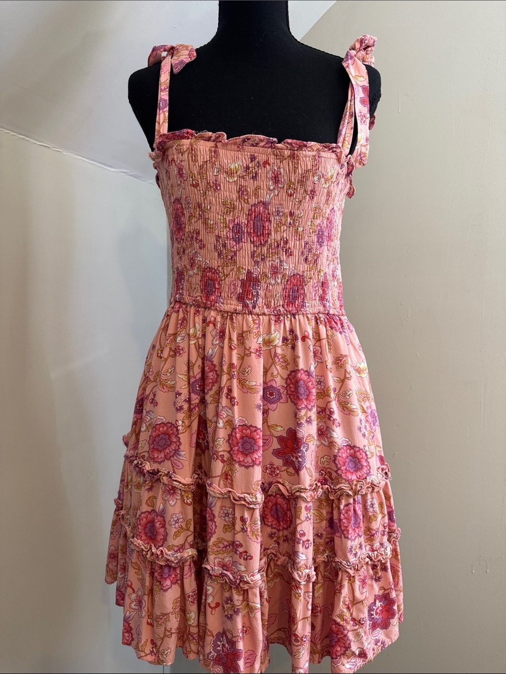 Sleeveless Pink Floral Tiered Sundress with Tie Straps M